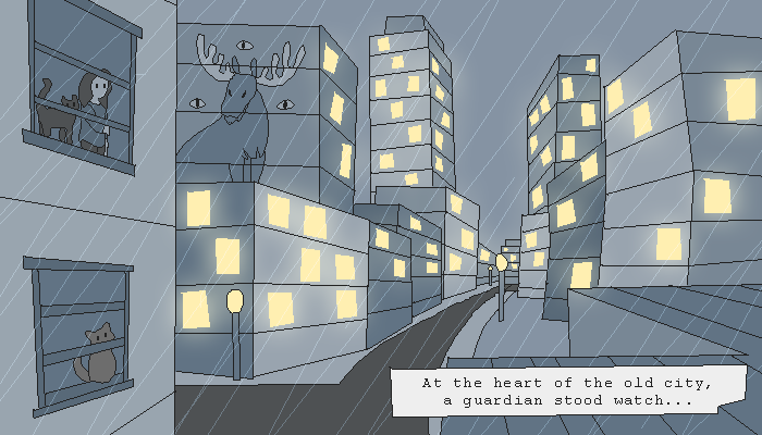 illustration of rainy city skyline with human and cat looking out window