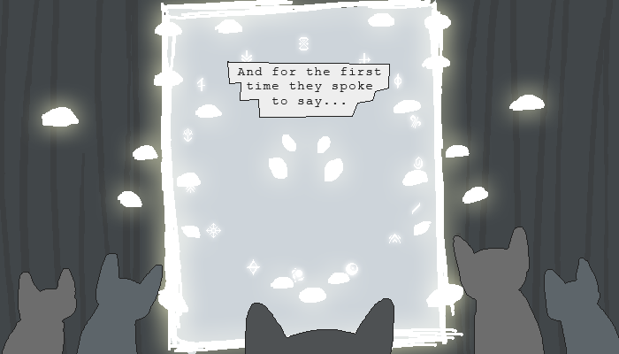 illustration of cats staring into a glowing square surrounded by glowing eyes