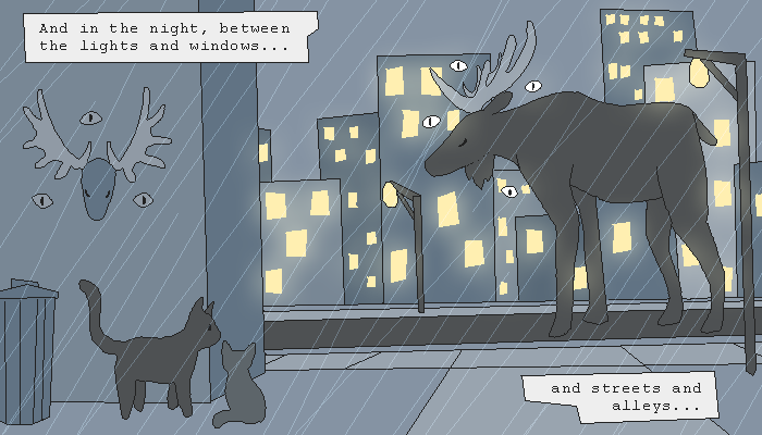 illustration of building-size moose walking down the middle of the street, cats watching from an alleyway