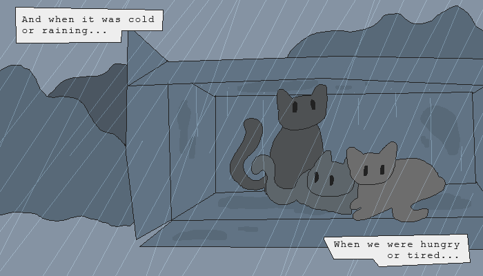 illustration of sad cats in a box in the rain