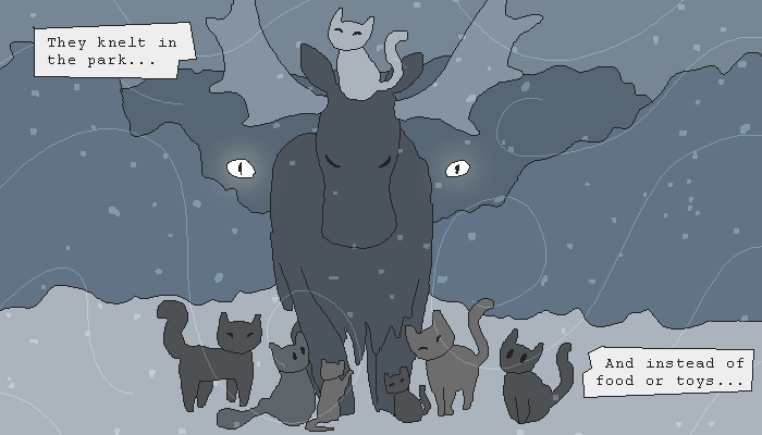 illustration of moose kneeling in snow, surrounded by cats
