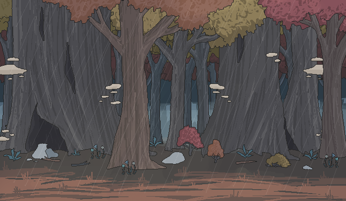 deep forest scene with tall, extra huge trees in rain weather in autumn