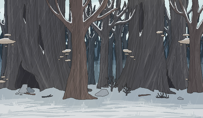 deep forest scene with tall, extra huge trees in rain weather in winter