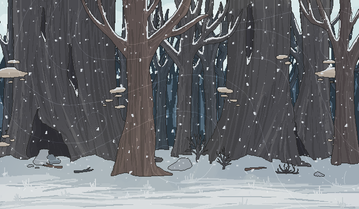 deep forest scene with tall, extra huge trees in snow weather in winter