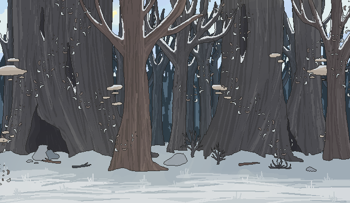 deep forest scene with tall, extra huge trees in windy weather in winter