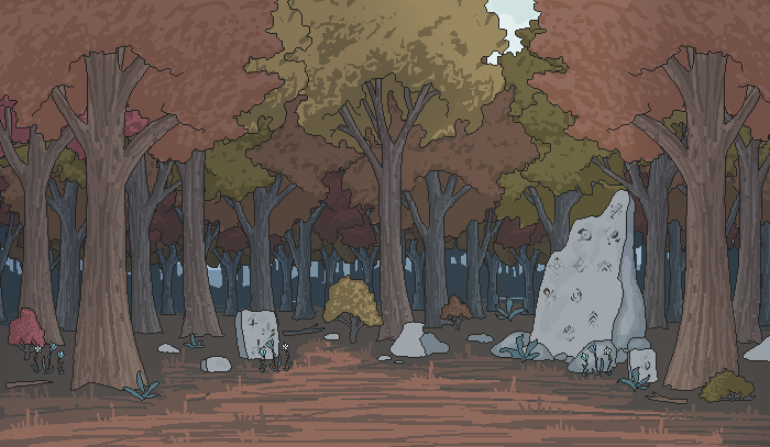 forest scene with crumbling ruins and runestones in cloudy weather in autumn