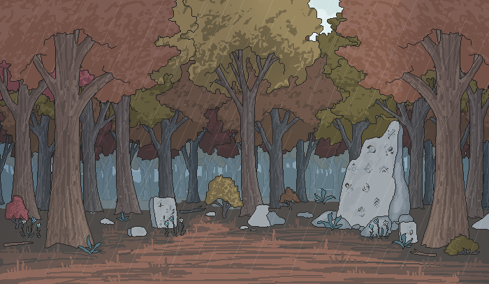 forest scene with crumbling ruins and runestones in rain weather in autumn