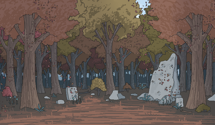 forest scene with crumbling ruins and runestones in windy weather in autumn