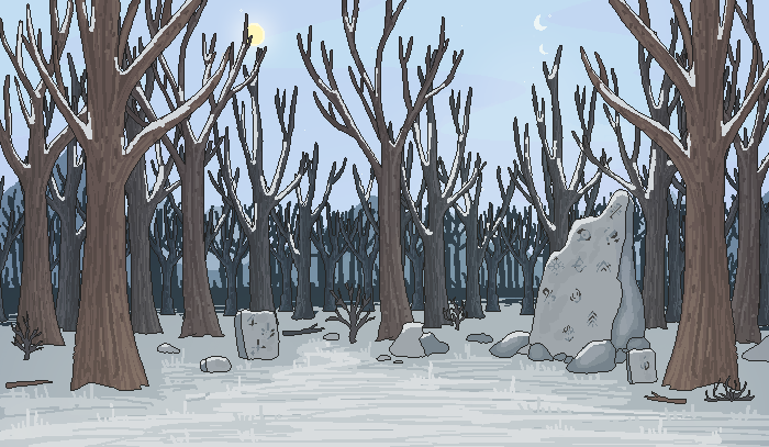 forest scene with crumbling ruins and runestones in clear weather in winter