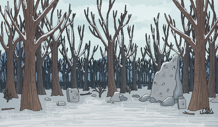 forest scene with crumbling ruins and runestones in cloudy weather in winter
