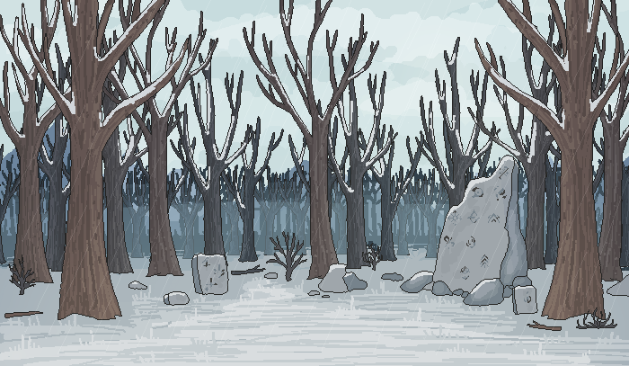 forest scene with crumbling ruins and runestones in rain weather in winter