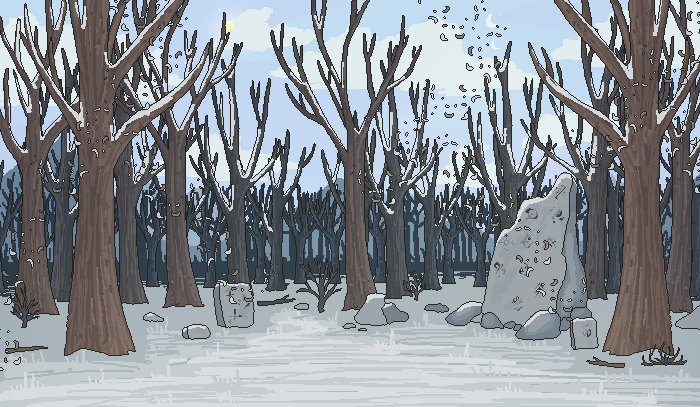 forest scene with crumbling ruins and runestones in windy weather in winter