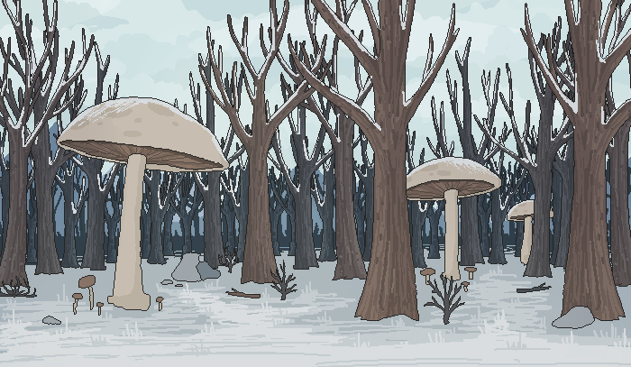 forest scene with giant mushrooms in cloudy weather in winter