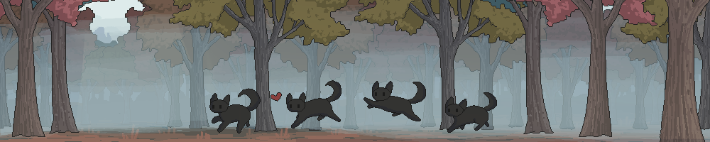 site banner: a black cat running through the woods; the weather is fog
