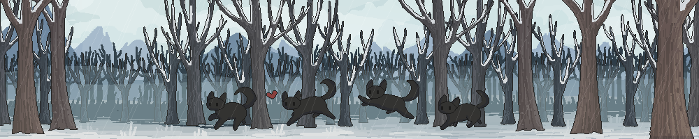 site banner: a black cat running through the woods; the weather is rain