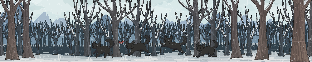 site banner: a black cat running through the woods; the weather is snow